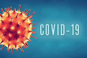 graphic image of COVID-19 virus with text label