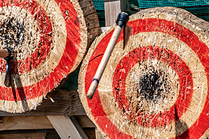 photo of an ax wedged in a target