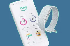photo of a Halo wrist wearable device and the smartphone interface